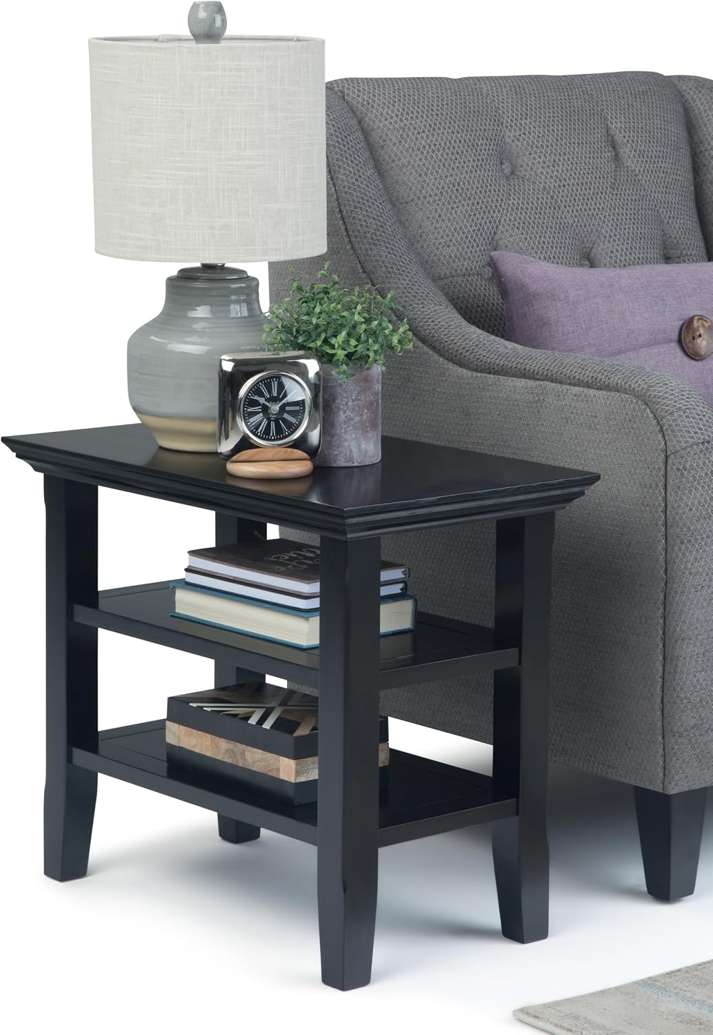 SIMPLIHOME Acadian Narrow Side Table - 14 inch Wide Solid Wood Rectangular End Table with 2 Open Shelves in Black, Transitional Lamp Stand or Nightstand for Living Room or Bedroom with Storage