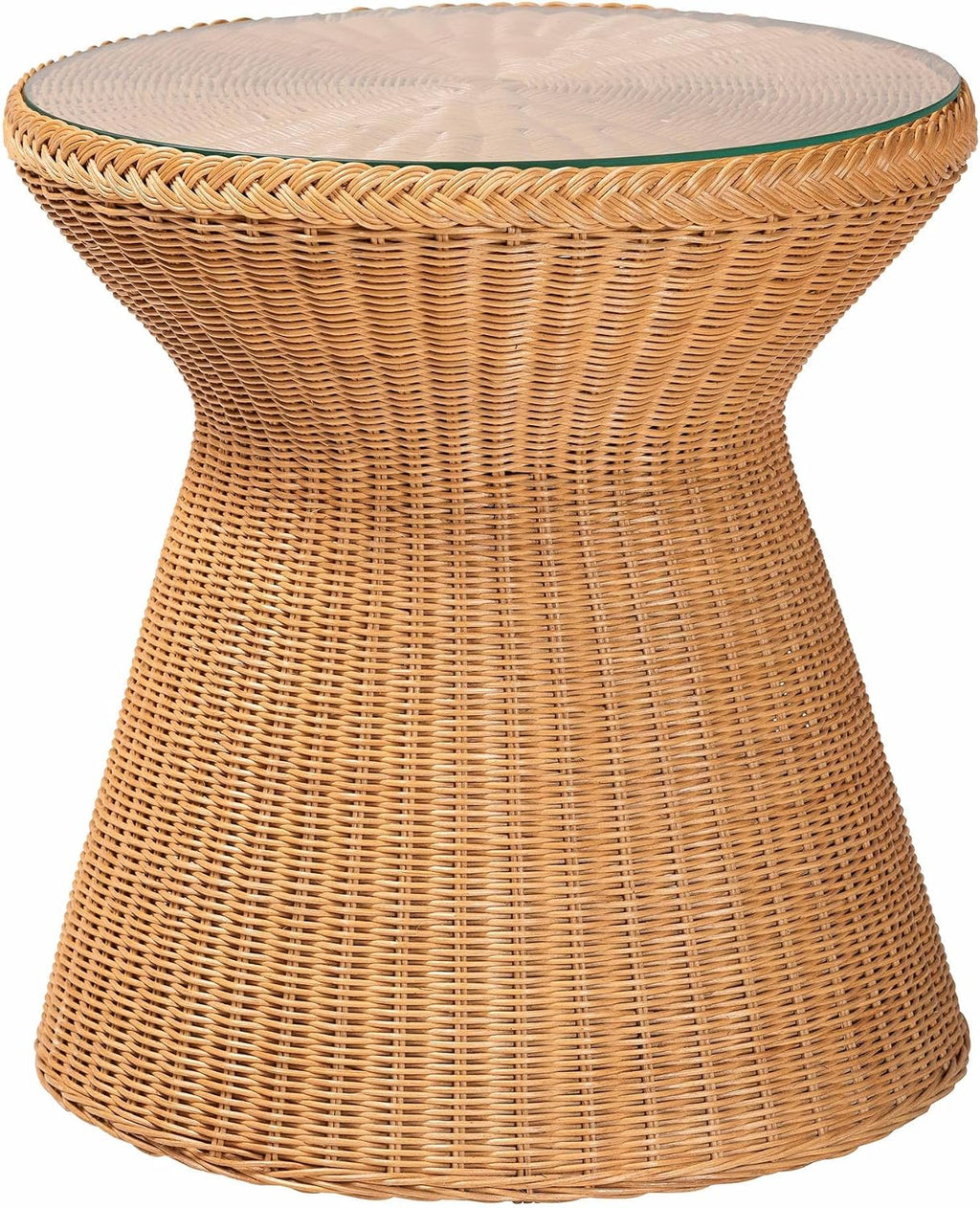 Bali & pari Nina Handwoven Rattan Hourglass Side Table with Glass Top – Boho Wicker Accent Table, Natural Fiber Round End Table for Living Room or Patio