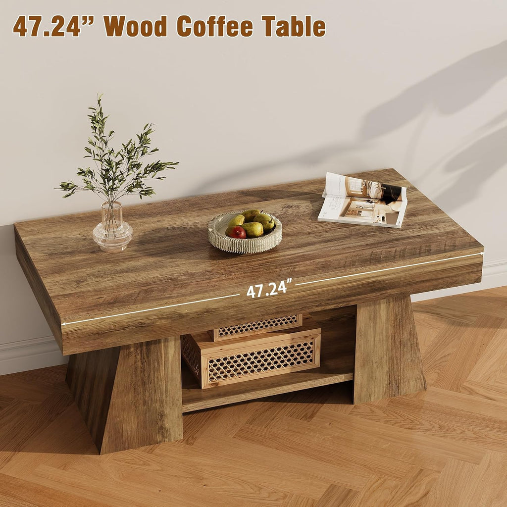 Tohomeor Coffee Table, 47.24' Farmhouse Wooden Rectangular Accent Center Tables with Storage Shelf Thick Base for Living Room, Home Office, Retro Brown