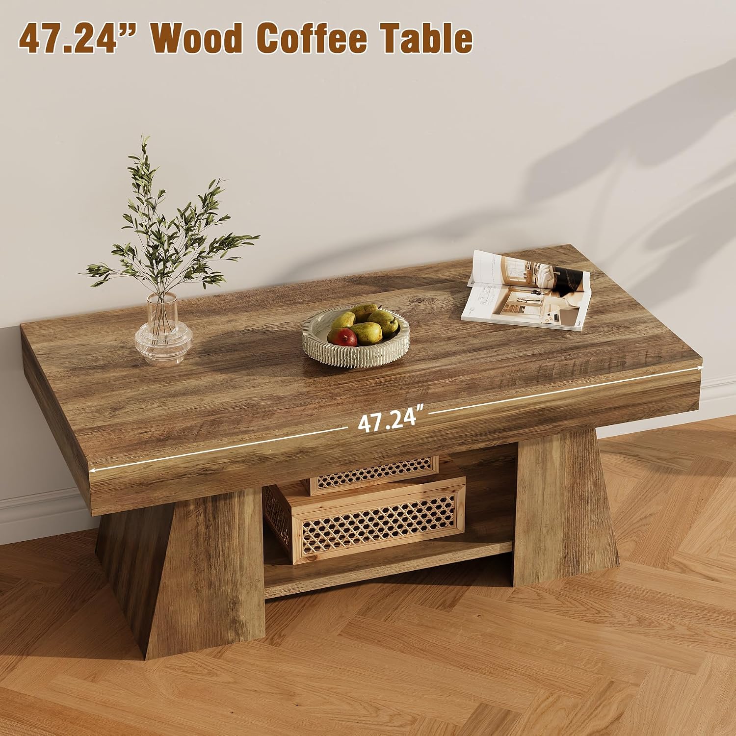 Tohomeor Coffee Table, 47.24' Farmhouse Wooden Rectangular Accent Center Tables with Storage Shelf Thick Base for Living Room, Home Office, Retro Brown