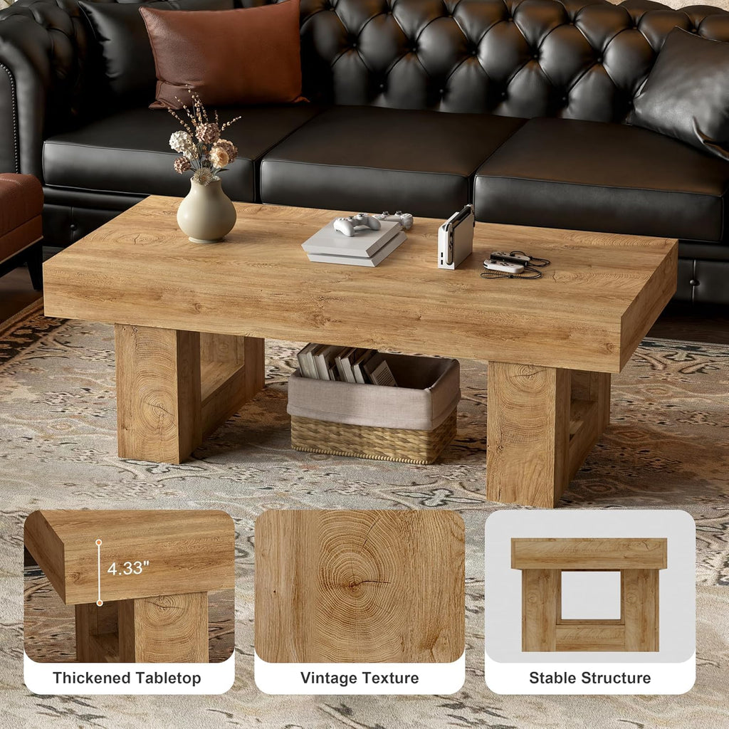 Rectangular Coffee Table, Heavy Duty Center Tables with Annual Ring Pattern, Farmhouse 42 Inch Wooden Coffee Table w Thick U-Shaped Base, Rectangle Side Tables for Living Room, Honey Brown