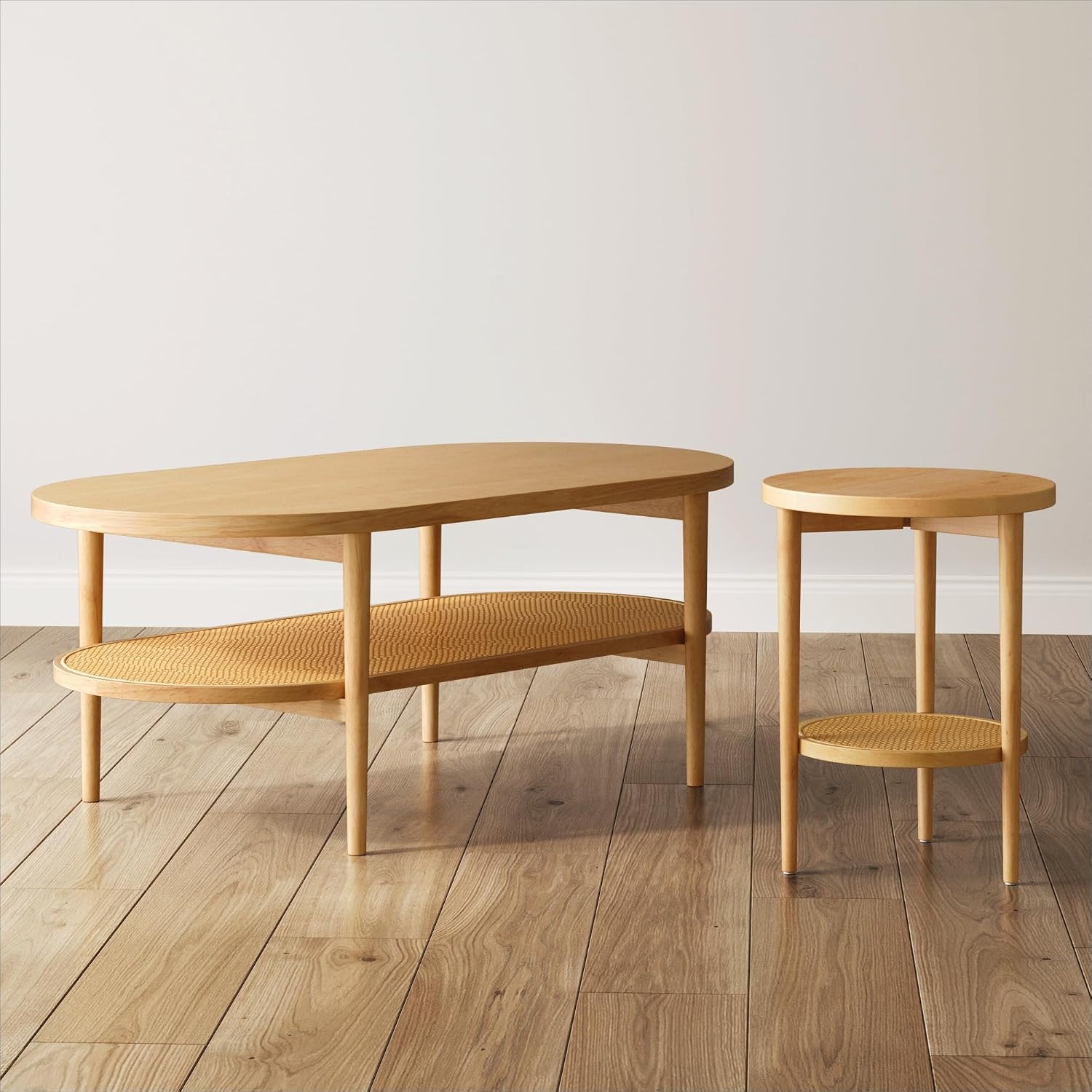 Nathan James Sonia Boho Round Accent End Table, Natural Sofa Side Table in Light Wood with Rattan Storage Shelf for Living Room, Bedroom or Nursery, Light Brown, Set of 2