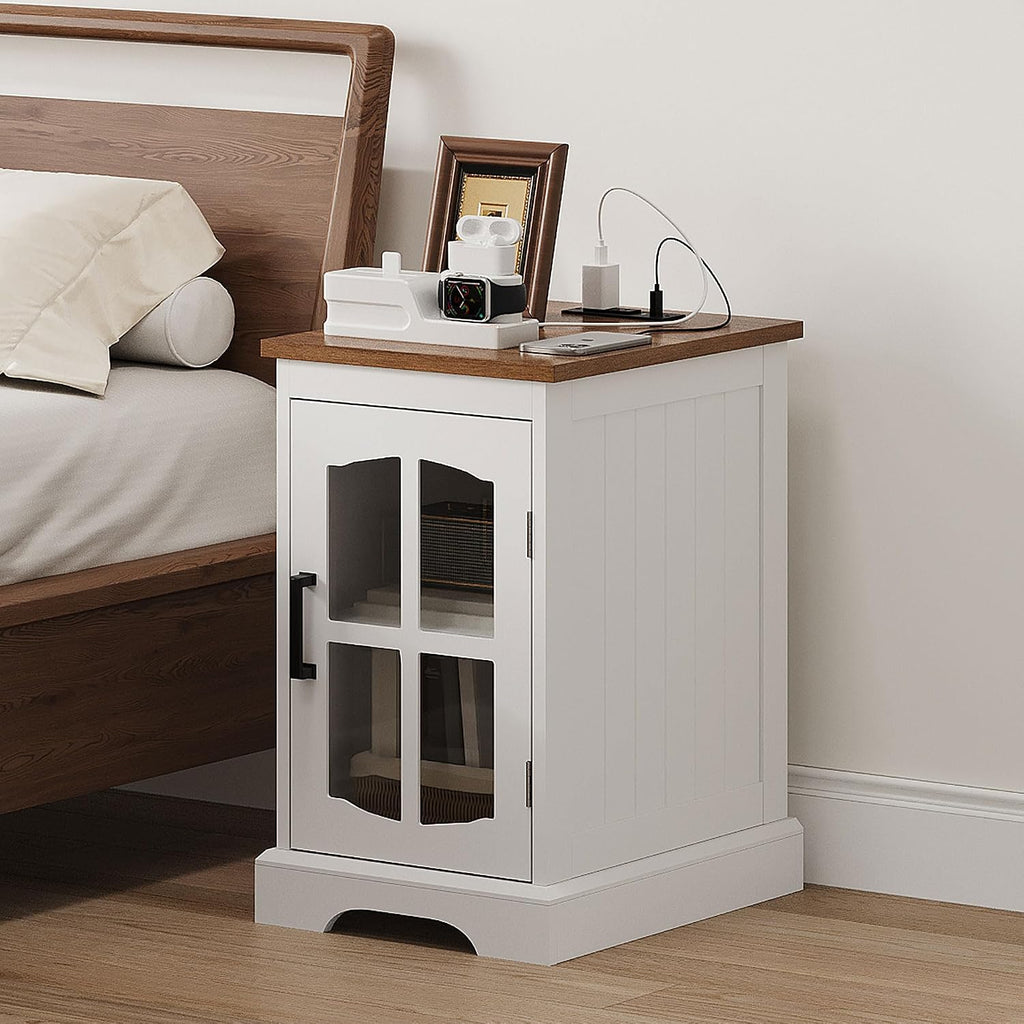 ChooChoo Farmhouse End Table Set of 2 with Charging Station, Nightstand with Adjustable Shelf and Glass Door, White Side Table for Living Room, Bedroom