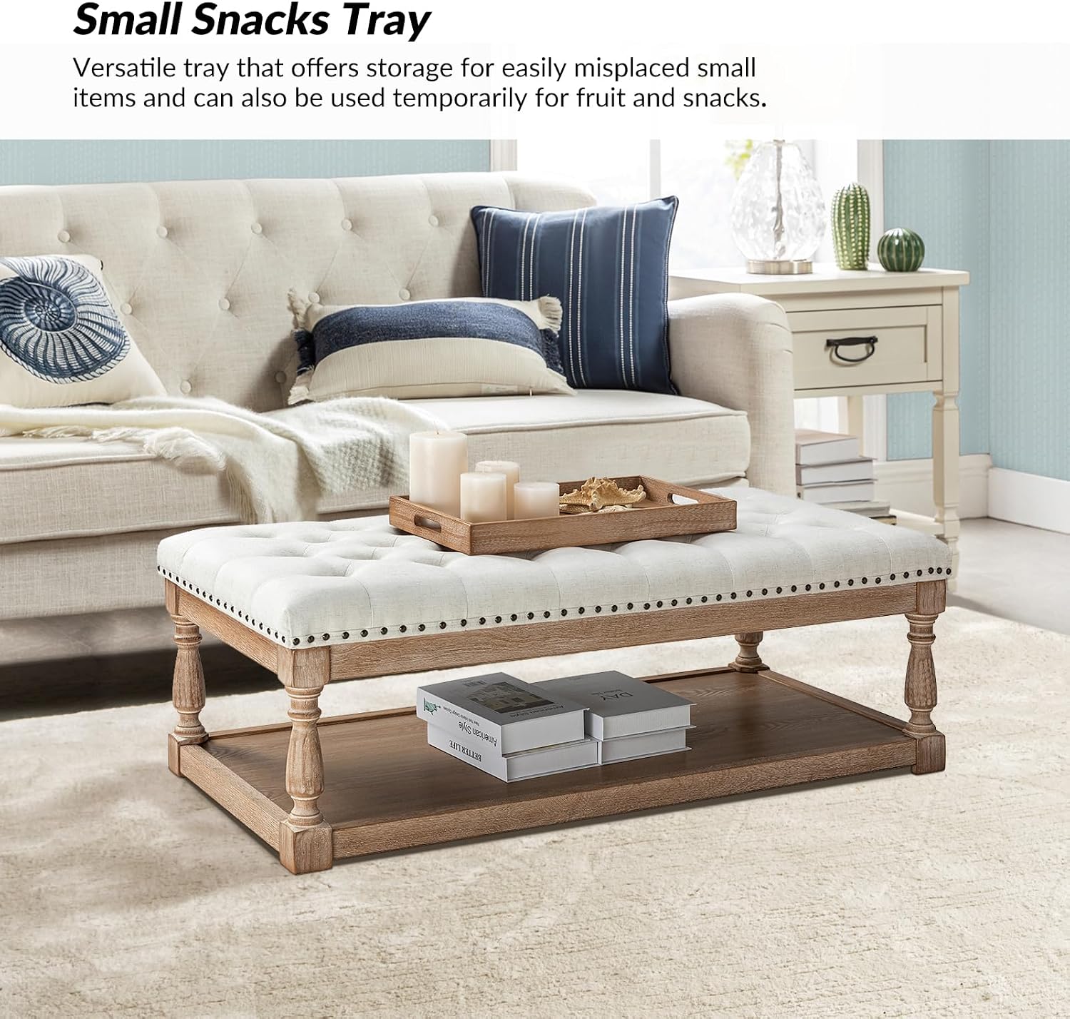 HULALA HOME Rectangle Ottoman Coffee Table with Tray, Tufted Living Room Ottoman with Solid Wood Storage Shelf, Ivory