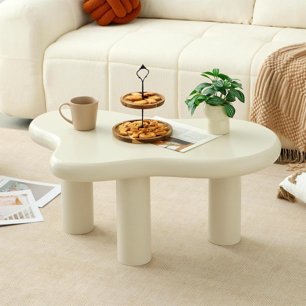 34'(L) Cloud Coffee Table, Modern Wood Coffee Table for Living Room, Accent Center Tables with 3 Legs, Small Tea Tables for Balcony, Patio, Bedroom, Cream White