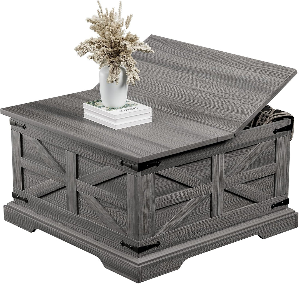 VVFLU Farmhouse Coffee Table with Storage, Square Center Table for Living Room, Rustic, Hinged Lift Top Soft Close, Wood, Large Hidden Storage, Modern, Metal Corner, Grey