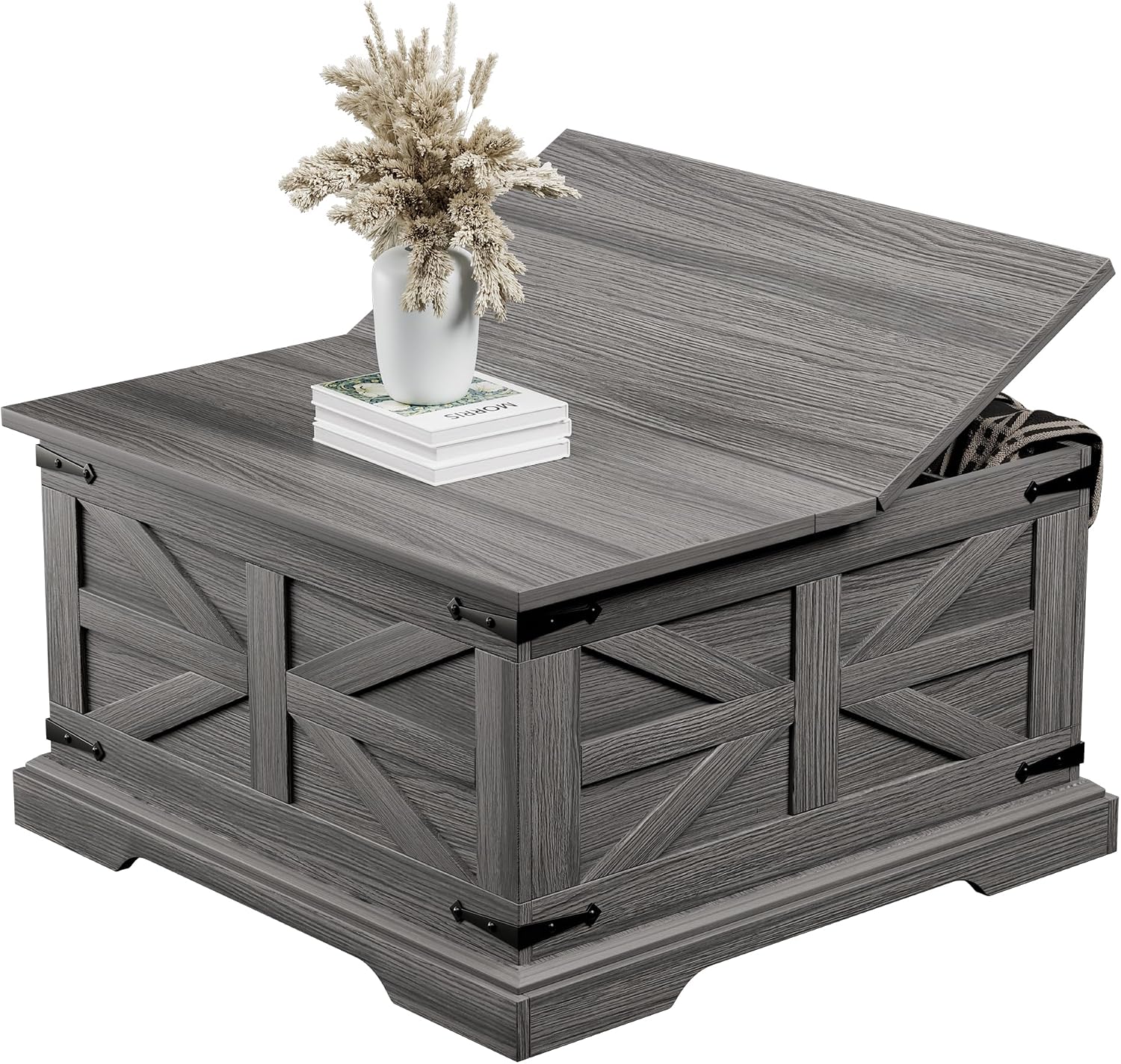 VVFLU Farmhouse Coffee Table with Storage, Square Center Table for Living Room, Rustic, Hinged Lift Top Soft Close, Wood, Large Hidden Storage, Modern, Metal Corner, Grey