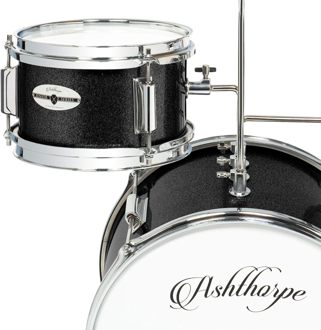 Ashthorpe 3-Piece Complete Drum Set - Beginner Kit with 14' Bass, Adjustable Throne, Cymbal, Pedal & Drumsticks - Black