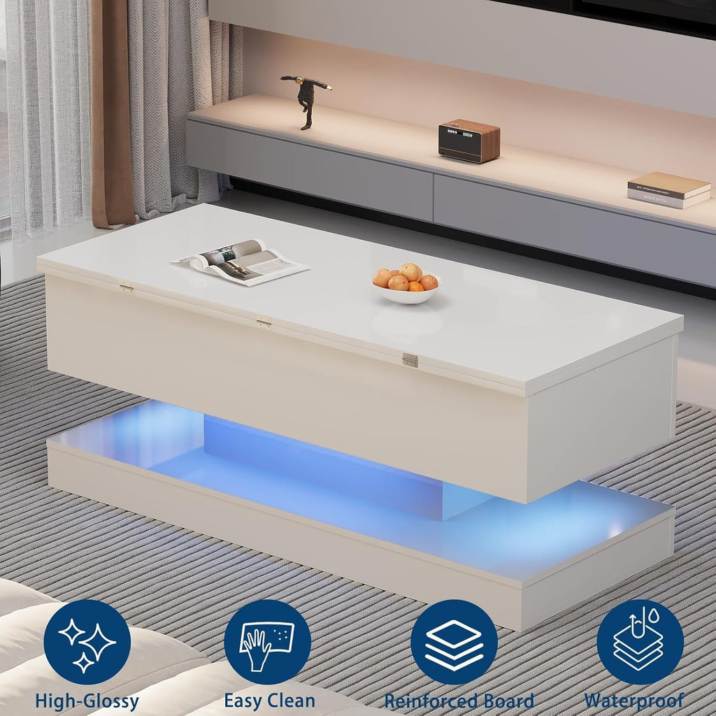 GarveeHome 47.2 Inch Large Lift Top Coffee Table Modern High Glossy LED Storage Table with APP Control for Living Room Dining Room Home Office White 47.2' l*19.29' w*17.72' h