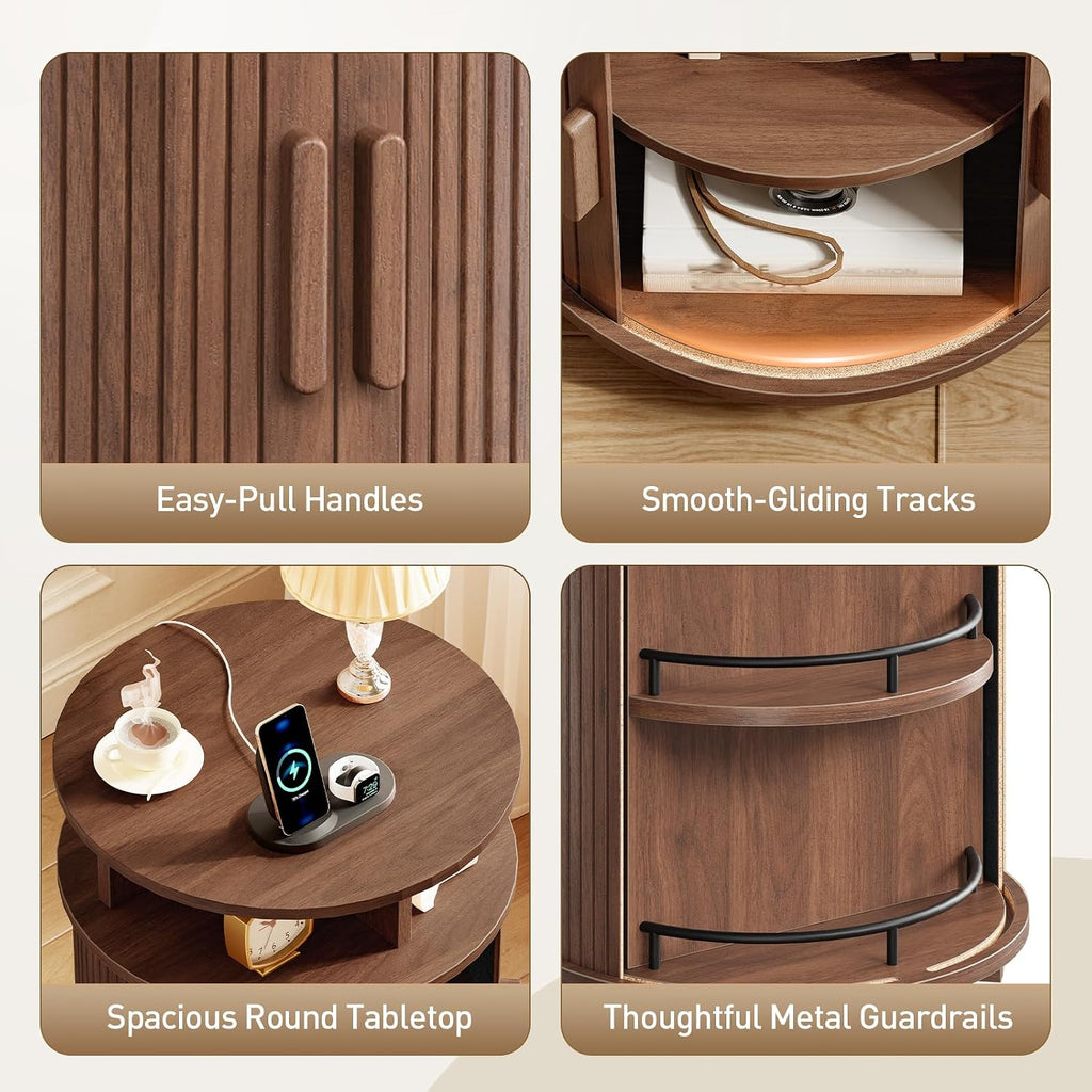 RALGEND Round Fluted End Tables Set of 2, Round End Table with Charging Station, Fluted Sofa Side Table with Sliding Tambour Door and Storage, Mid-Century Nightstand for Living Room, Bedroom, Walnut