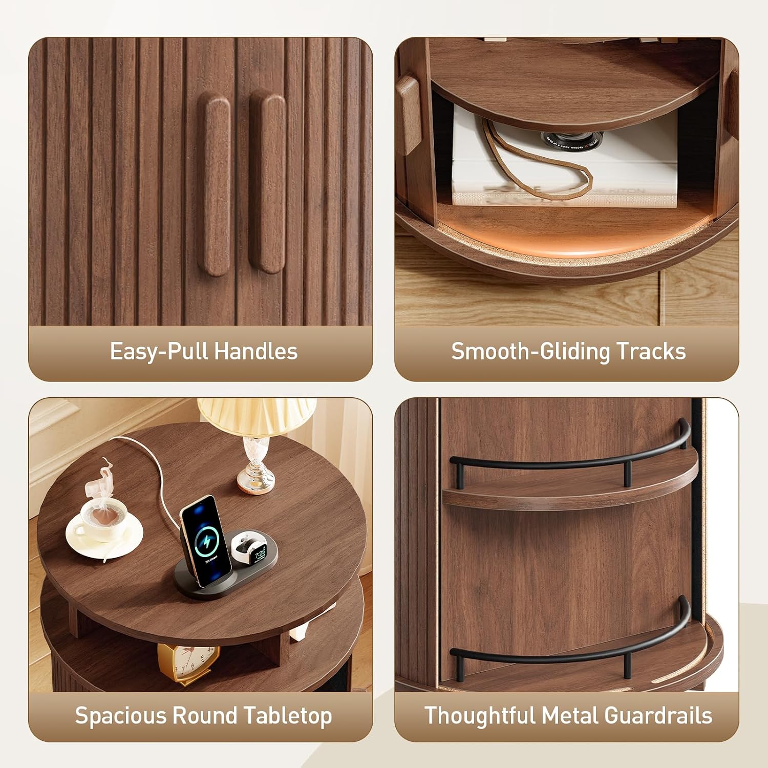 RALGEND Round Fluted End Tables Set of 2, Round End Table with Charging Station, Fluted Sofa Side Table with Sliding Tambour Door and Storage, Mid-Century Nightstand for Living Room, Bedroom, Walnut