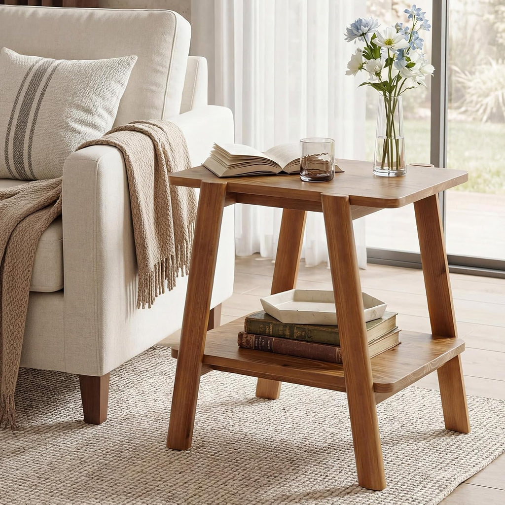 LITTLE TREE Solid Wood End Tables, Narrow 2-Tier Side Table for Small Spaces, Farmhouse Bedside Table Nightstands with Storage for Bedroom, Living Room, Rustic Brown(1 Piece)