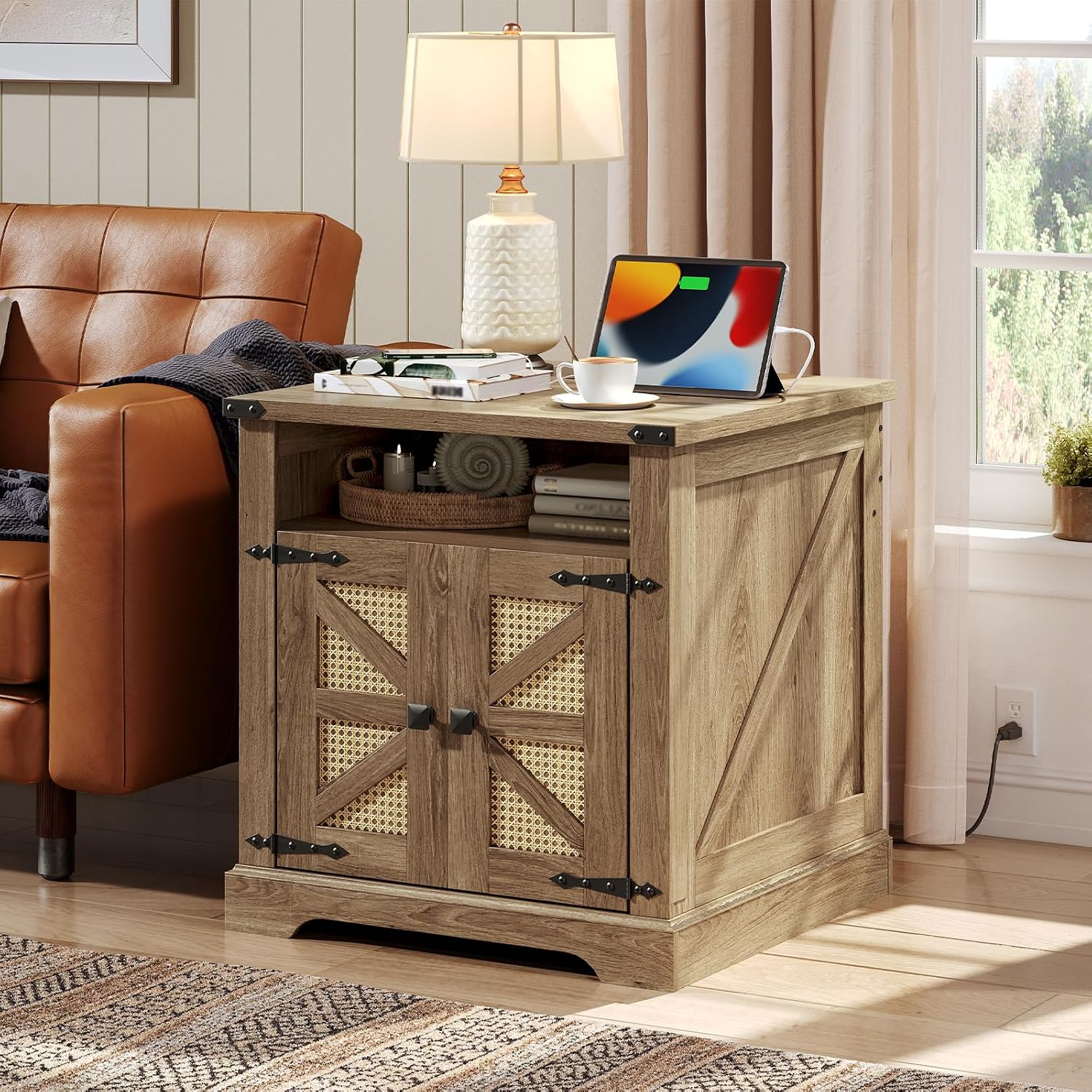HOOBRO Farmhouse End Tables Set of 2 with Charging Station, 23.6' Large End Tables for Living Room, Large Bedside Tables with Rattan-Like Barn Door, Wooden Square Nightstand, Flip Tableop