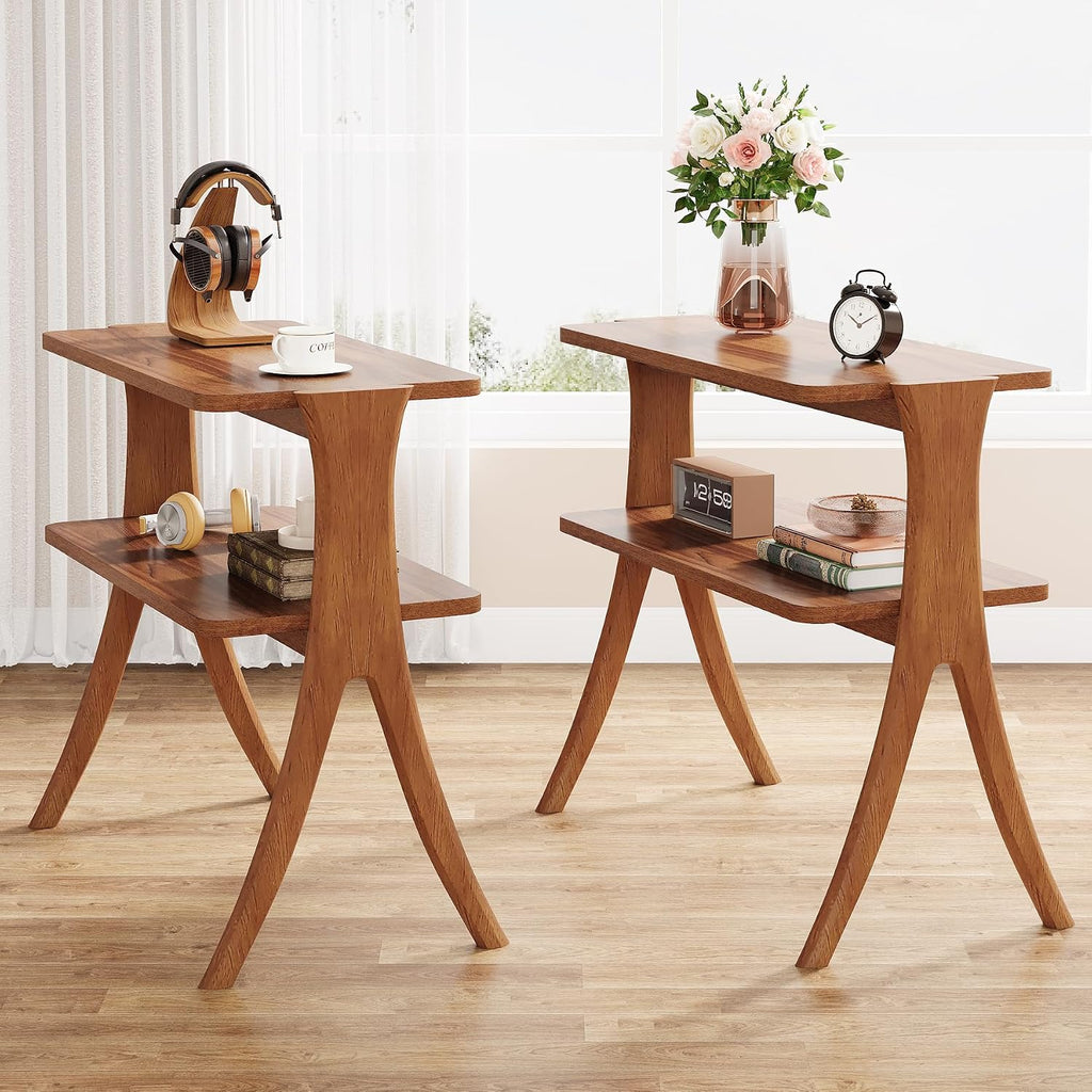 Tribesigns Walnut Side Table Set of 2, Narrow End Table with 2-Tier Storage Shelf and Solid Wood Legs, Slim Modern Bedside Table Nightstand for Living Room, Bedroom, Small Spaces (2)