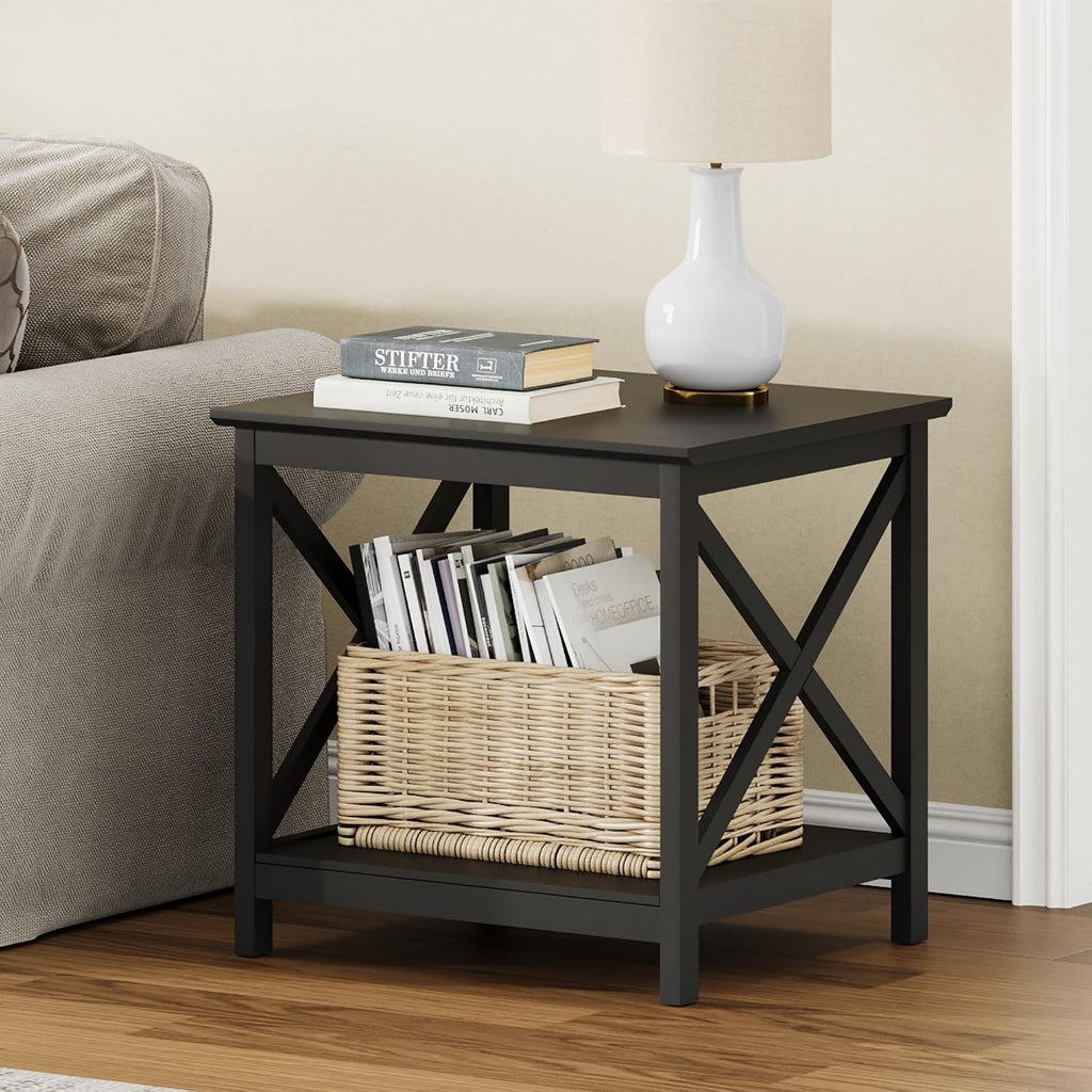 ChooChoo End Tables Set of 2, 24 Inch End Table with 2-Tier Storage Shelf, Side Table for Living Room, Wood Nightstand for Bedroom, Office, Painted Surface, Black