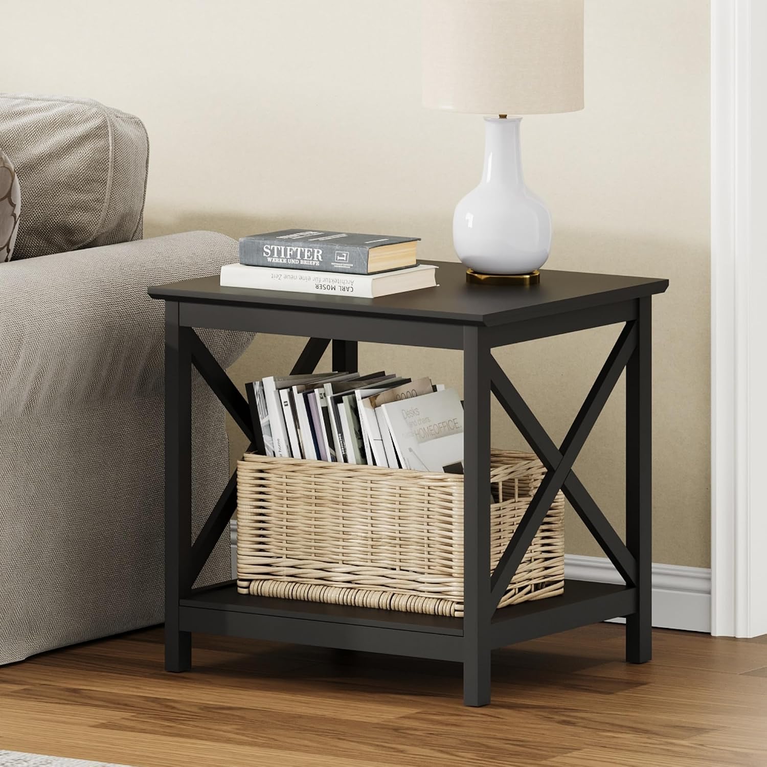 ChooChoo End Tables Set of 2, 24 Inch End Table with 2-Tier Storage Shelf, Side Table for Living Room, Wood Nightstand for Bedroom, Office, Painted Surface, Black