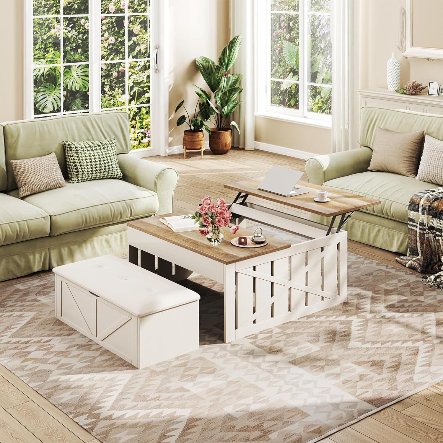 HUAHUU Coffee Table, 31.5 Lift Top Coffee Tables with Storage Hidden Compartment, Farmhouse Coffee Tables with Ottoman Bench, Center Table with Wooden Lift Tabletop for Living Room, White