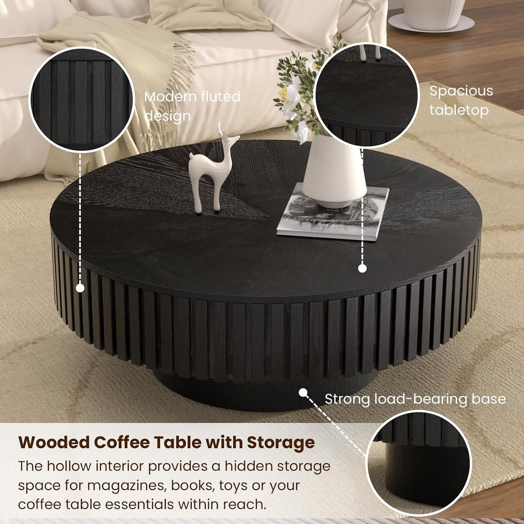 Round Drum Coffee Table with Storage, 31.5' Modern Handcraft Fluted Drum Coffee Table, Wooden Circle Center Table with Sturdy Pedestal for Living Room Apartment (31.5' Black with Storage)
