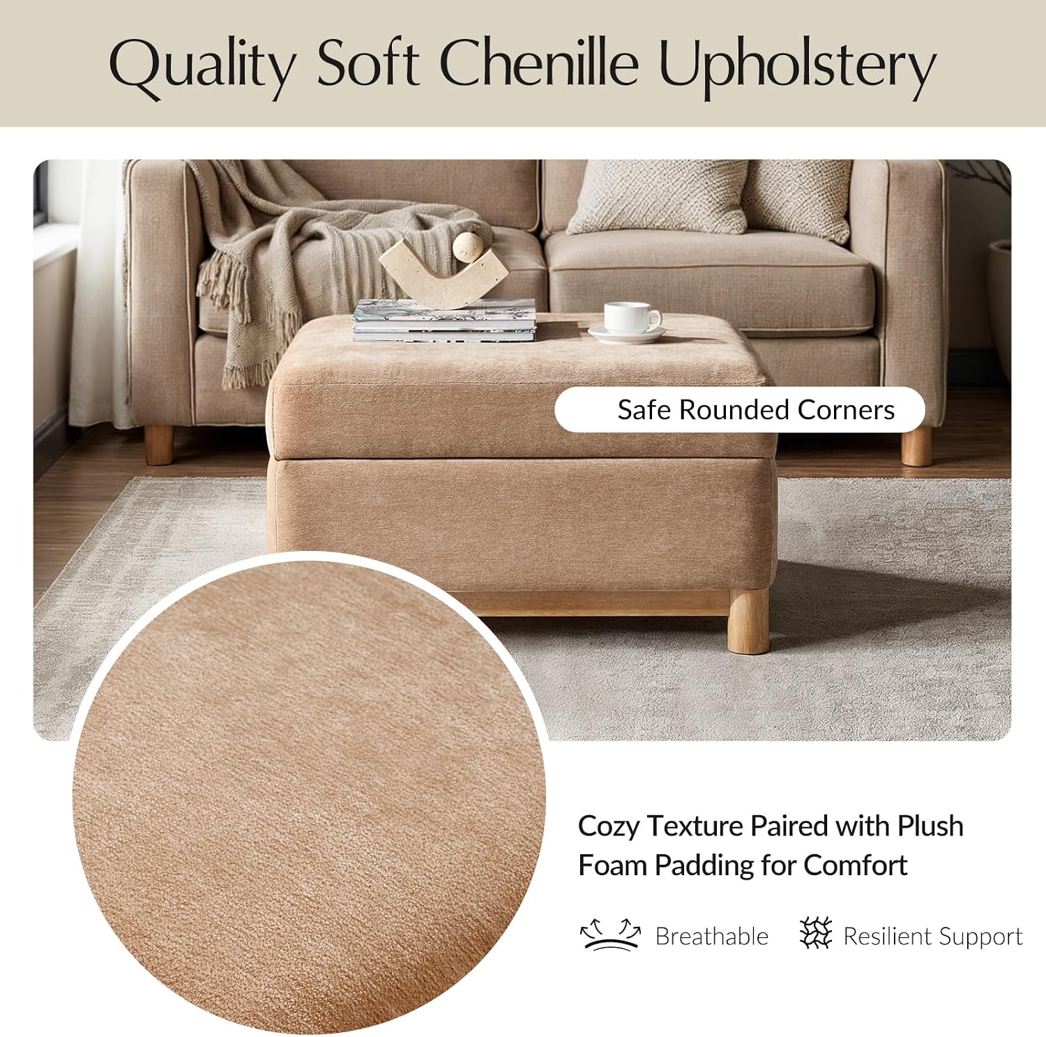 HULALA HOME 30.25' Ottoman Coffee Table with Reversible Tray Lid, Modern Upholstered Storage Ottoman with Solid Wood Base, Removable Top, Footrest and Extra Seating for Bedroom or Living Room, Camel