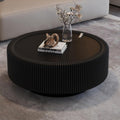 31.5' Black Round Coffee Table with Storage, Tempered Glass Top PU Leather Body & Baked Enamel Base, Modern Minimalist Fluted Circle Center Tables for or Living Room, Bedroom, Apartment