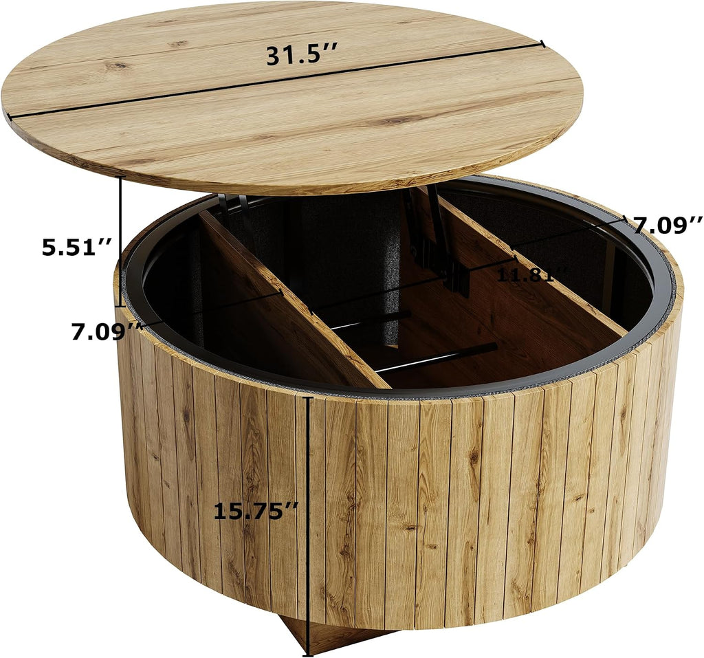 kepptory Round Lift Top Coffee Table with LED Lights, Mid Century Modern Wooden Coffee Tables with 3 Storage Space, Circle Center Table for Living Rooms,Dining Room,Bedroom Home Office,APP LED Lights