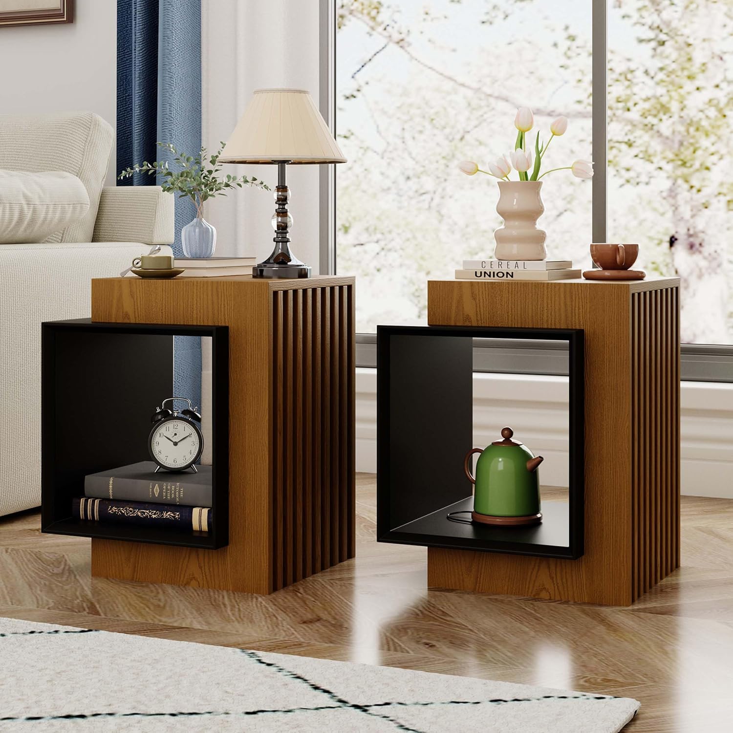 POVISON Side Table Set,17.71' Wood End Table with Storage for Small Spaces,Nightstand for Living Room, Bedroom, Office,Rustic Brown and Classic Black