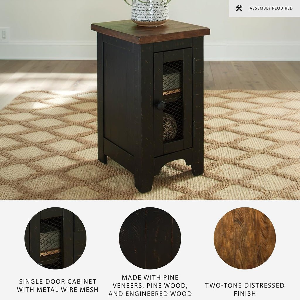 Signature Design by Ashley Valebeck Rustic Farmhouse Chair Side End Table with Cabinet Door, Distressed Black