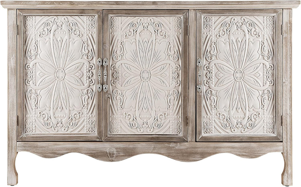 RoyalCraft Buffet Cabinet with Storage, Vintage Solid Wood Sideboard with 3 Carved Doors, Painted Coffee Bar Console Table for Dining Room, Living Room, Kitchen, Distressed Black