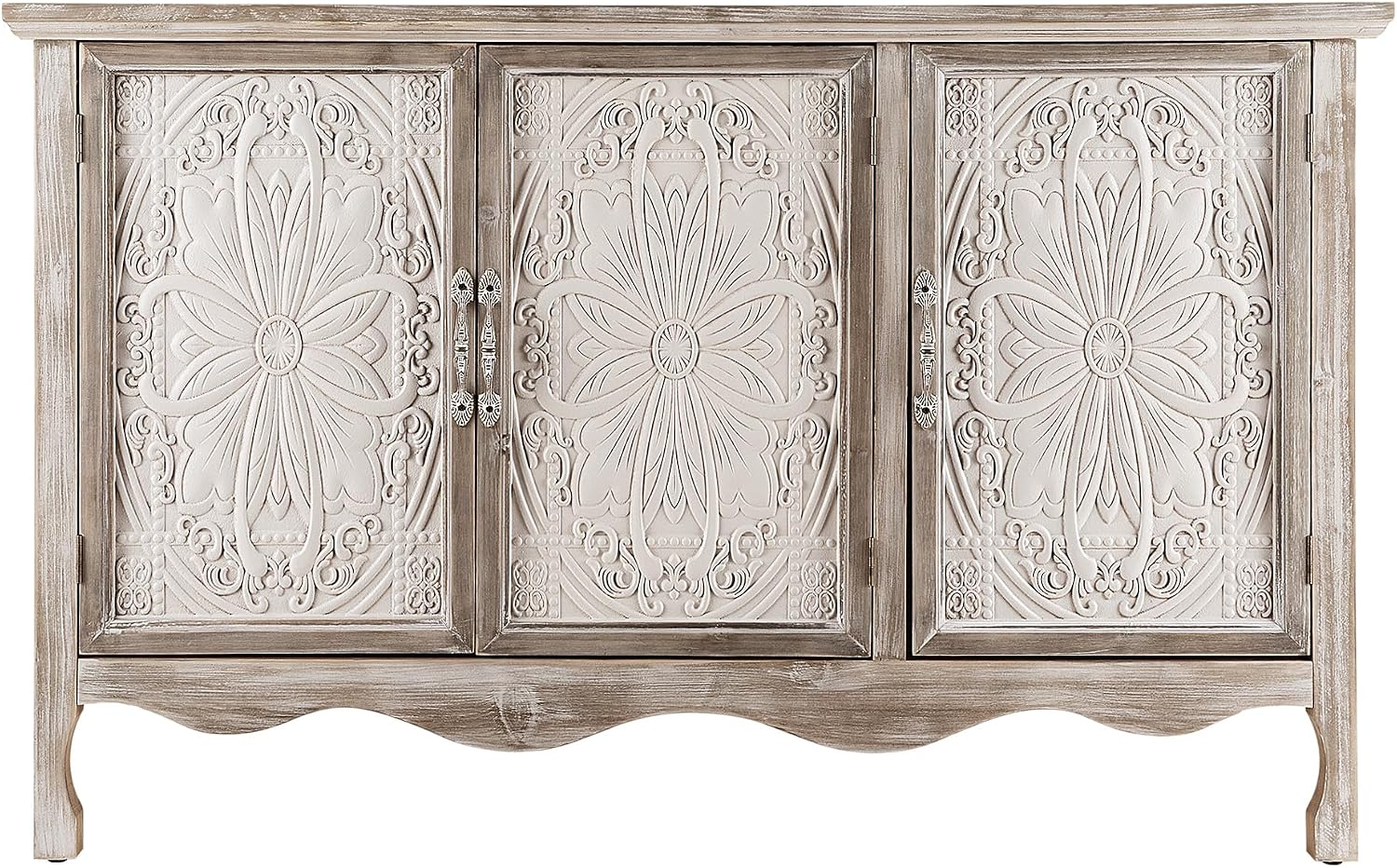 RoyalCraft Buffet Cabinet with Storage, Vintage Solid Wood Sideboard with 3 Carved Doors, Painted Coffee Bar Console Table for Dining Room, Living Room, Kitchen, Distressed Black