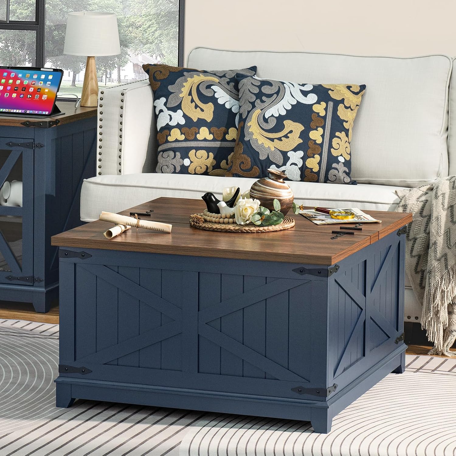 Joaxswe Farmhouse Coffee Table Sets 3 Pieces, Narrow Night Stand with Glass Barn Door Storage, Large Coffee Tables with Hidden Storage Organizer, Wood Furniture Sets for Living Room, Office, Blue