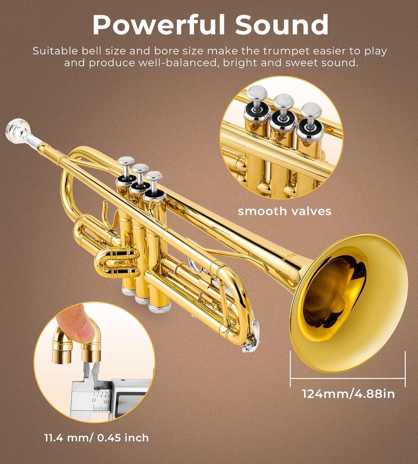Vangoa Bb Trumpet Brass Standard Gold Trumpet Instrument for Student School Band Orchestra Adult Kid Beginner with Hard Case, Stand, Cleaning Kit, White Gloves, Valve Oil and 7C Mouthpiece