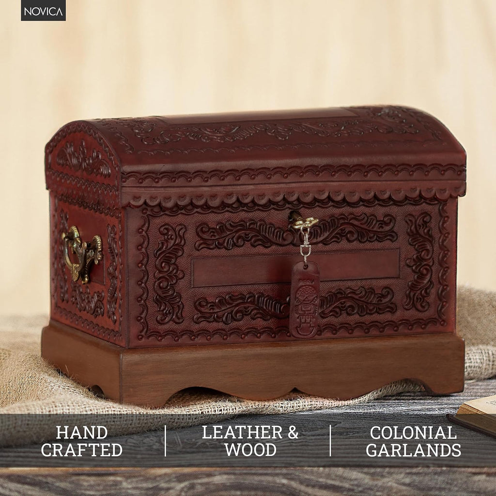 NOVICA Colonial Wood And Leather Jewelry Box, Brown 'Colonial Treasure'