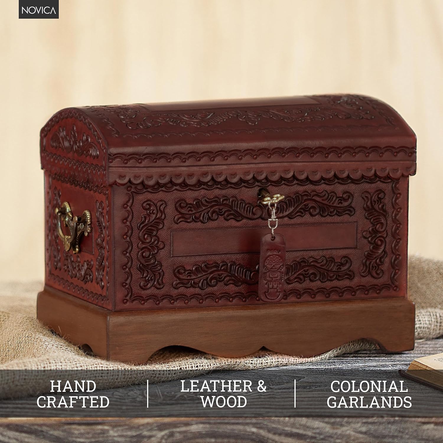 NOVICA Colonial Wood And Leather Jewelry Box, Brown 'Colonial Treasure'
