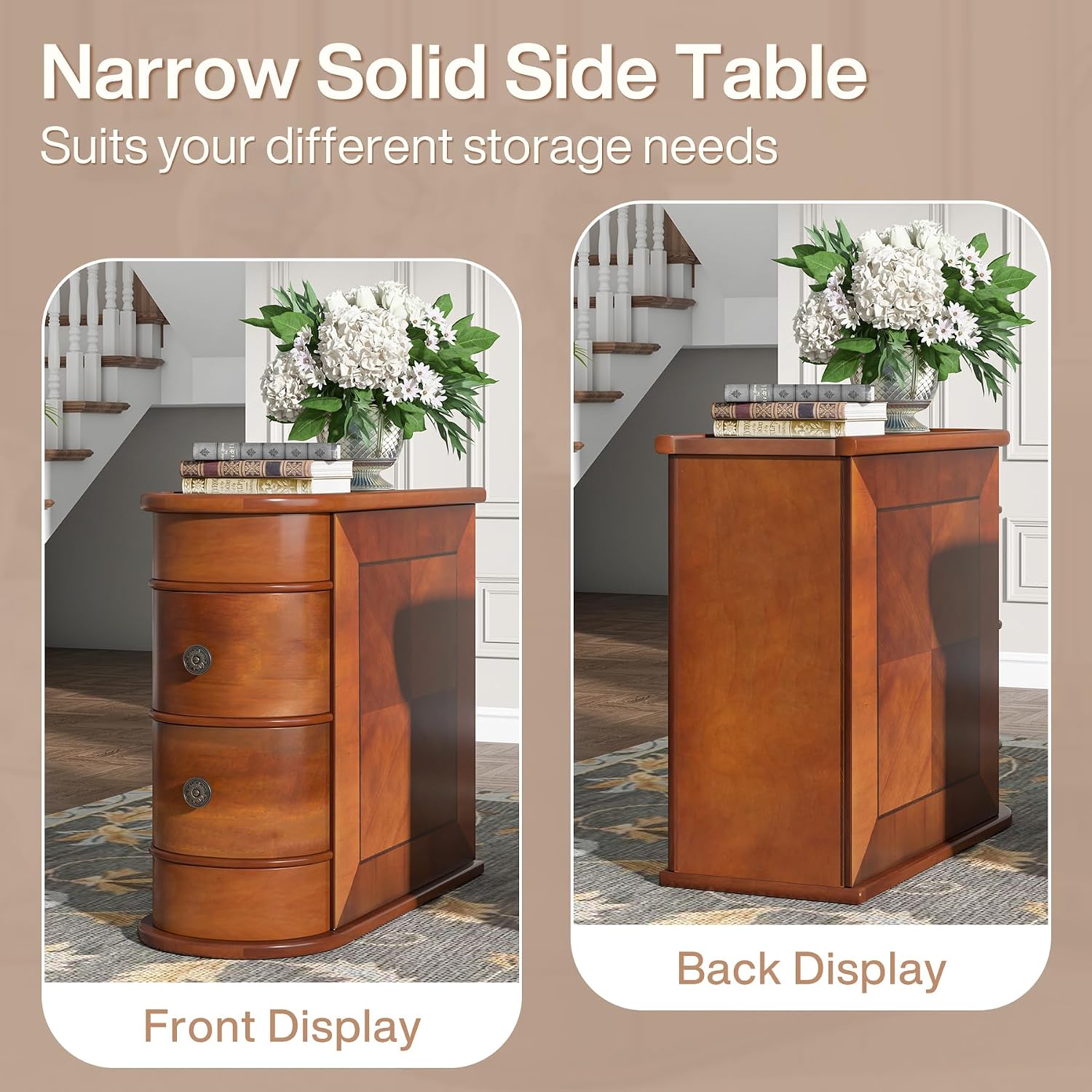 Tribesigns Wood End Table, 2-Drawer Narrow Side Table Slim Chair Solid Side Table, No Assembly Required, Finished Back | Slim