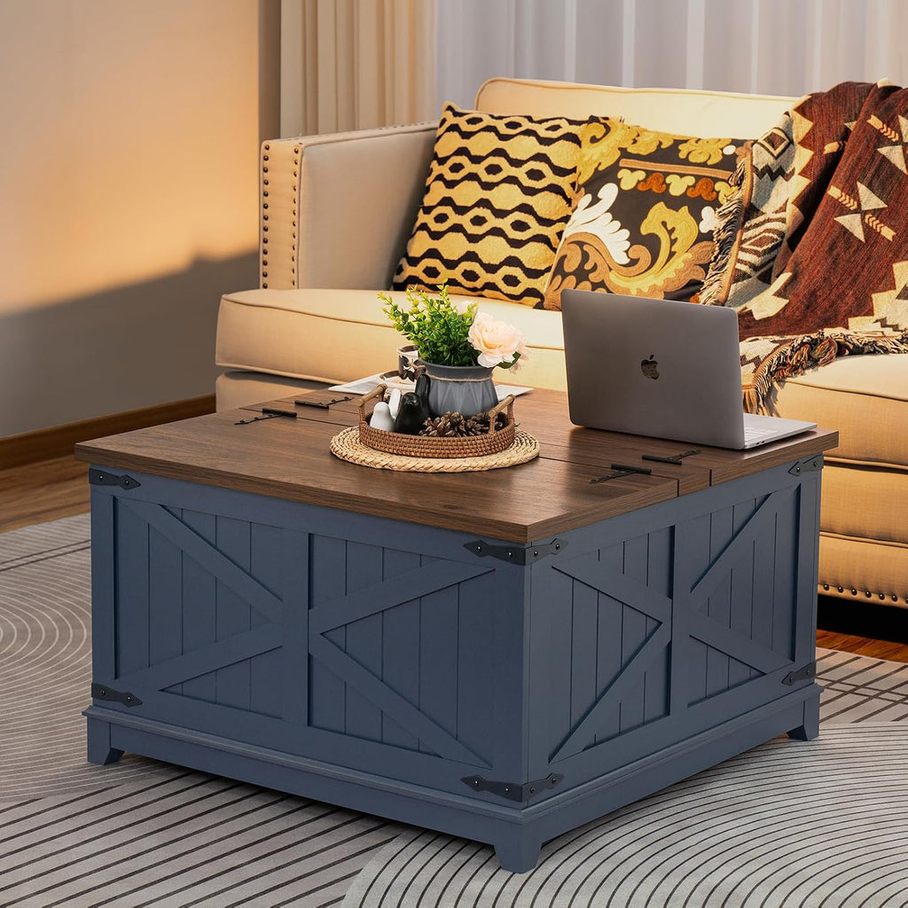 Joaxswe Farmhouse Coffee Table Sets 3 Pieces, Narrow Night Stand with Glass Barn Door Storage, Large Coffee Tables with Hidden Storage Organizer, Wood Furniture Sets for Living Room, Office, Blue