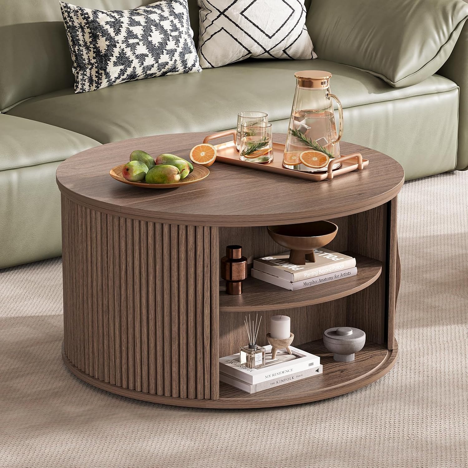 Round Lift Top Coffee Table, 31.5' Mid Century Modern Center Table with Hidden Storage, Fluted Circle Coffee Tables for Living Room, Home Office, Walnut