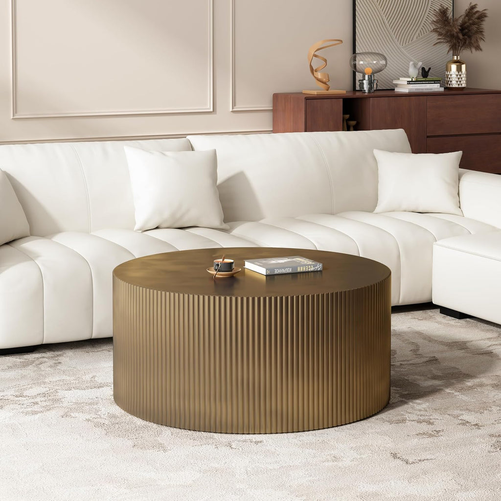 35.83' Gold Round Coffee Table, Minimalist Wave Stripe Modern Round Table, Drum Circle Coffee Tables for Living Room,Office Apartment,Gold