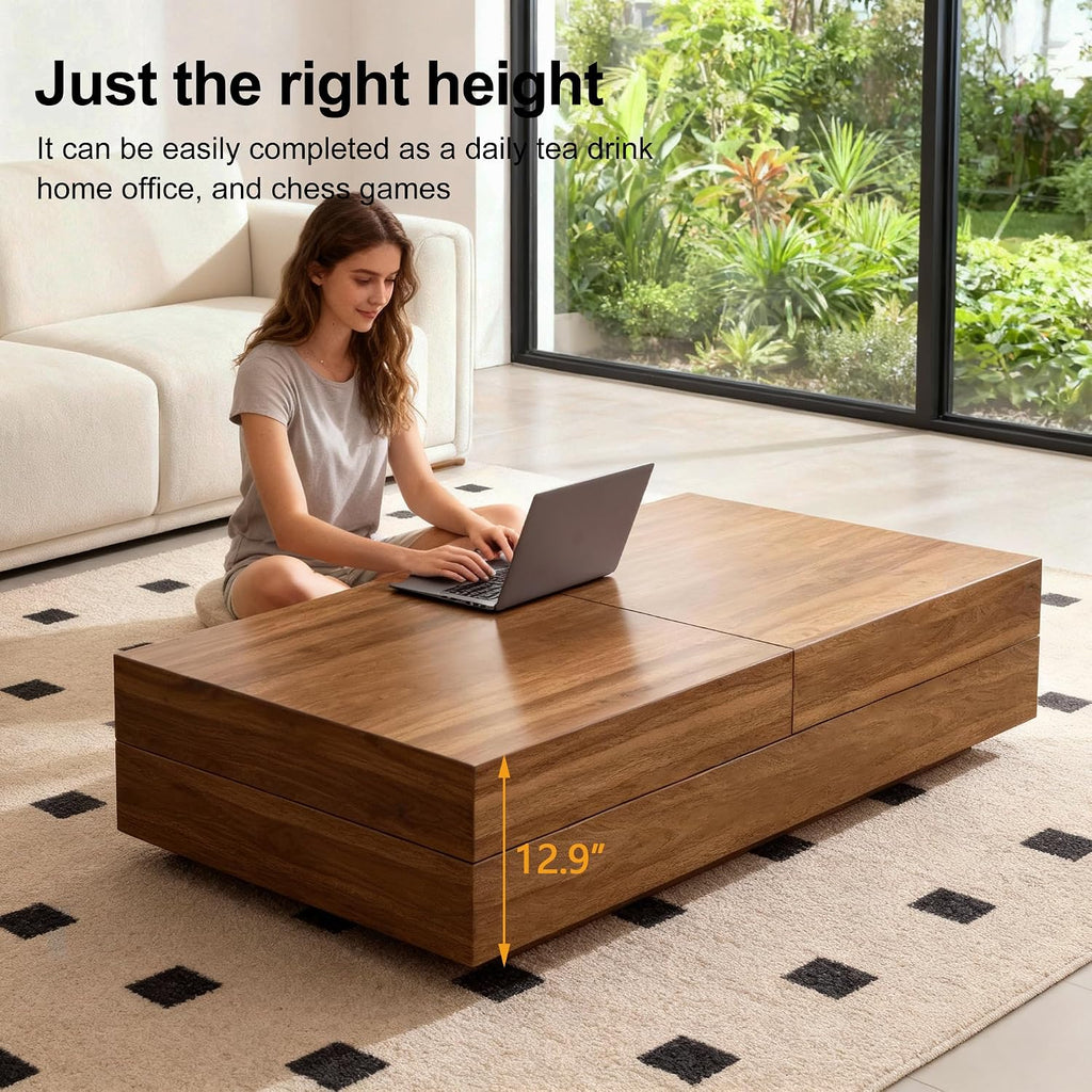 Mid-Century Modern Farmhouse 47.2-81.8' Expandable Coffee Table，Adjustable Center Table with Large Storage for Living Room, Walnut