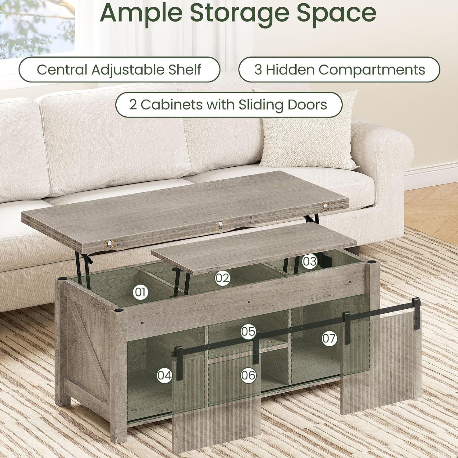 CHOEZON Lift Top Coffee Table, 4 in 1 Convertible Coffee Table, Farmhouse Coffee Tables, with Hidden Compartments, with Sliding Doors, for Living Room, Apartment, Greige MKF01FH