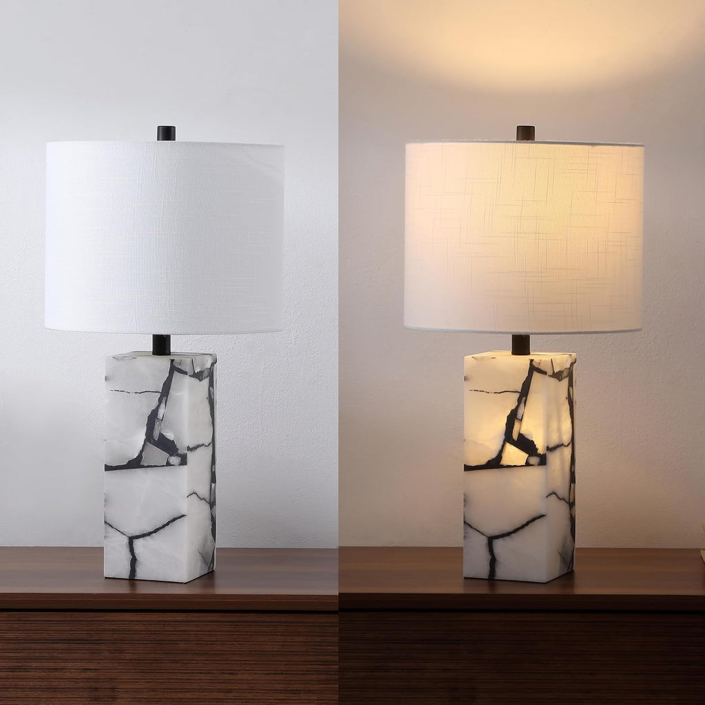 JONATHAN Y 24.25' Black/White Modern Alabaster LED Table Lamp for Home Decor, White Linen Shade, Coastal Nightstand Lamp with Built-in Base Accent Light (JYL8507A)
