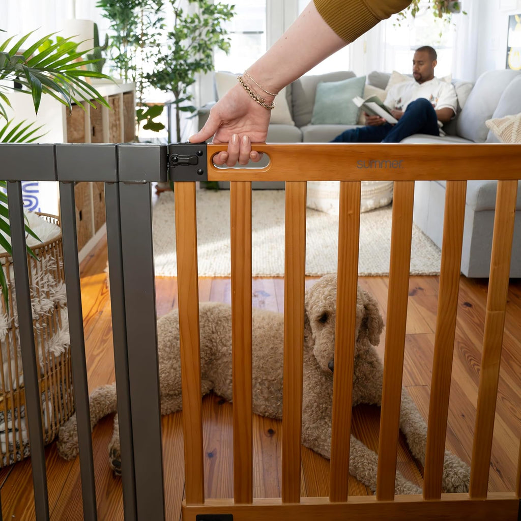 Summer Infant West End Extra Wide Safety Pet and Baby Gate, 36'-60' Wide, 30' Tall, Pressure or Hardware Mounted, Install Wall to Wall in Doorway, Auto Close Walk-Thru Door - Oak Wood and Metal