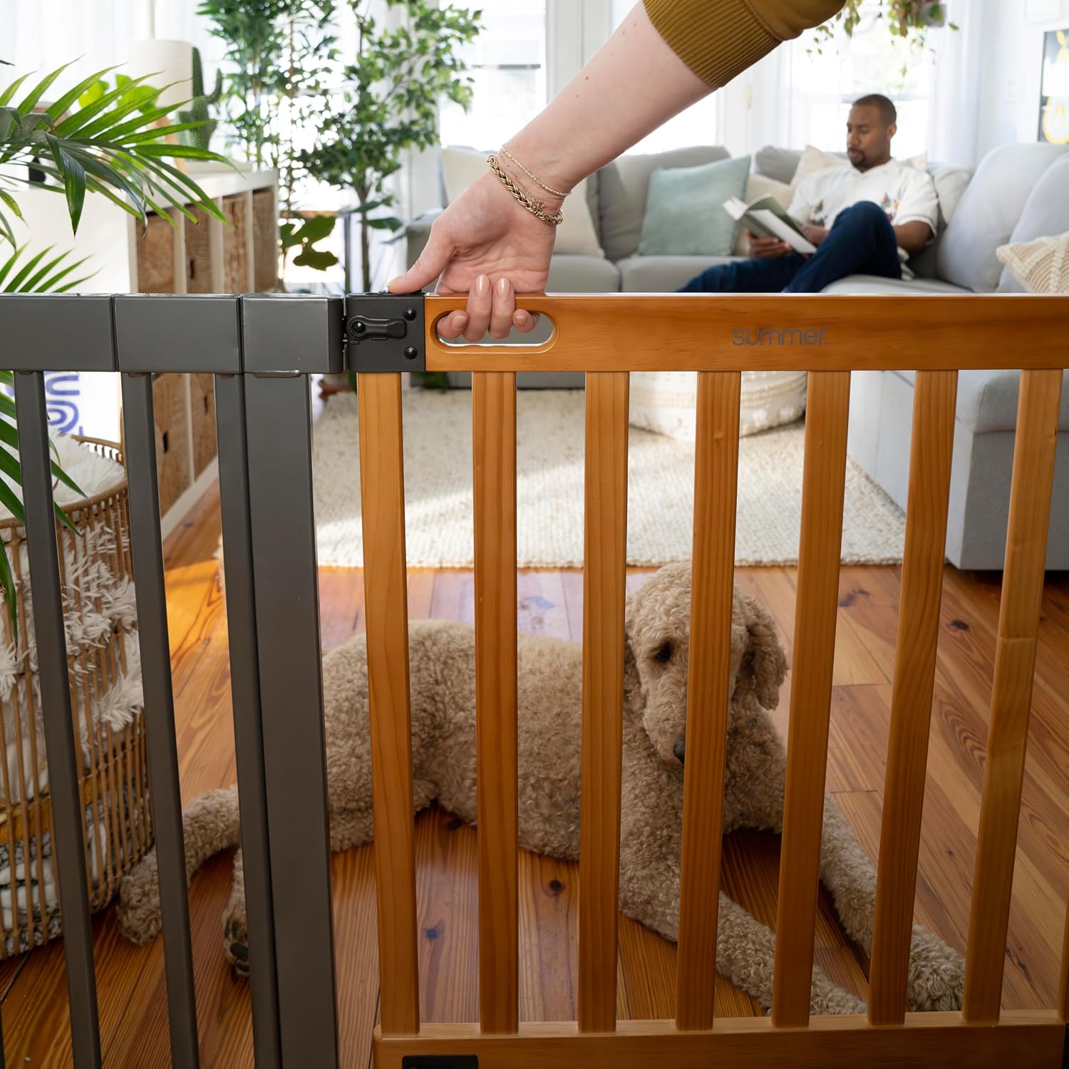 Summer Infant West End Extra Wide Safety Pet and Baby Gate, 36'-60' Wide, 30' Tall, Pressure or Hardware Mounted, Install Wall to Wall in Doorway, Auto Close Walk-Thru Door - Oak Wood and Metal
