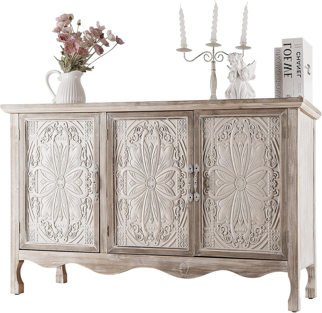 RoyalCraft Buffet Cabinet with Storage, Vintage Solid Wood Sideboard with 3 Carved Doors, Painted Coffee Bar Console Table for Dining Room, Living Room, Kitchen, Distressed Black