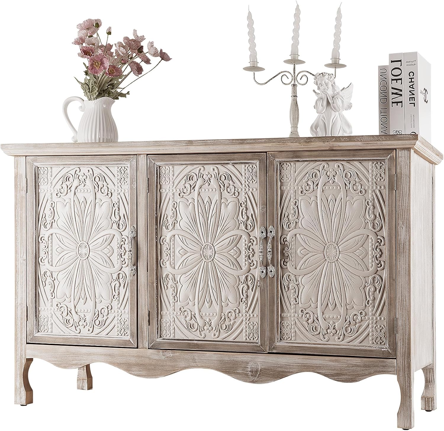 RoyalCraft Buffet Cabinet with Storage, Vintage Solid Wood Sideboard with 3 Carved Doors, Painted Coffee Bar Console Table for Dining Room, Living Room, Kitchen, Distressed Black