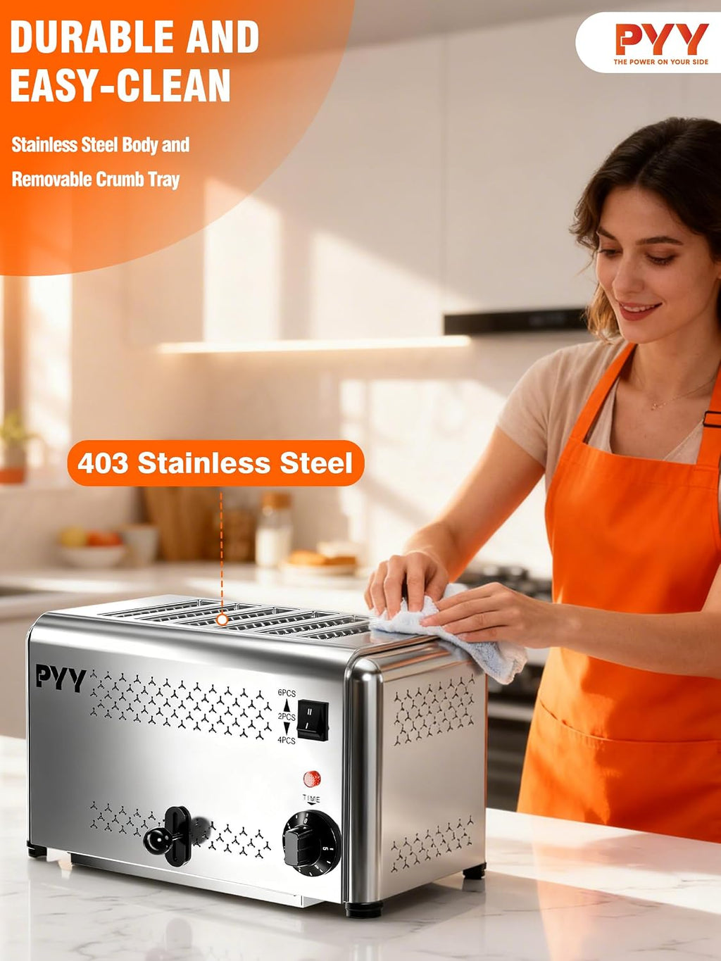 PYY Professional Commercial 6 Slice Toaster - 1800W Stainless Steel Heavy Duty Toaster, 6 Browning Levels, 1.1' Wide Slots, Removable Crumb Tray for Bagels Bread Waffles (Commercial & Home Use)
