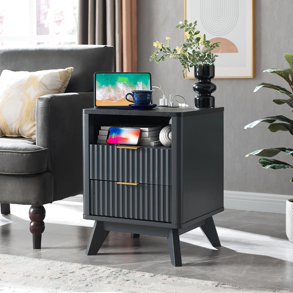 T4TREAM Fluted Nightstand Set of 2 with Charging Station, 18' Modern SideTable with Faux Marble Top, 2 Drawer End Table w/Storage, Bedside Table for Bedroom, Living Room, Curved Profile, Dark Grey