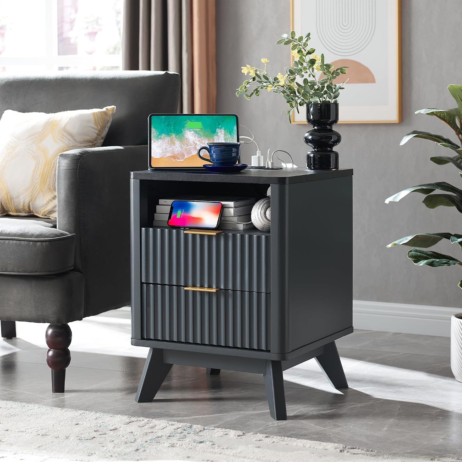 T4TREAM Fluted Nightstand Set of 2 with Charging Station, 18' Modern SideTable with Faux Marble Top, 2 Drawer End Table w/Storage, Bedside Table for Bedroom, Living Room, Curved Profile, Dark Grey