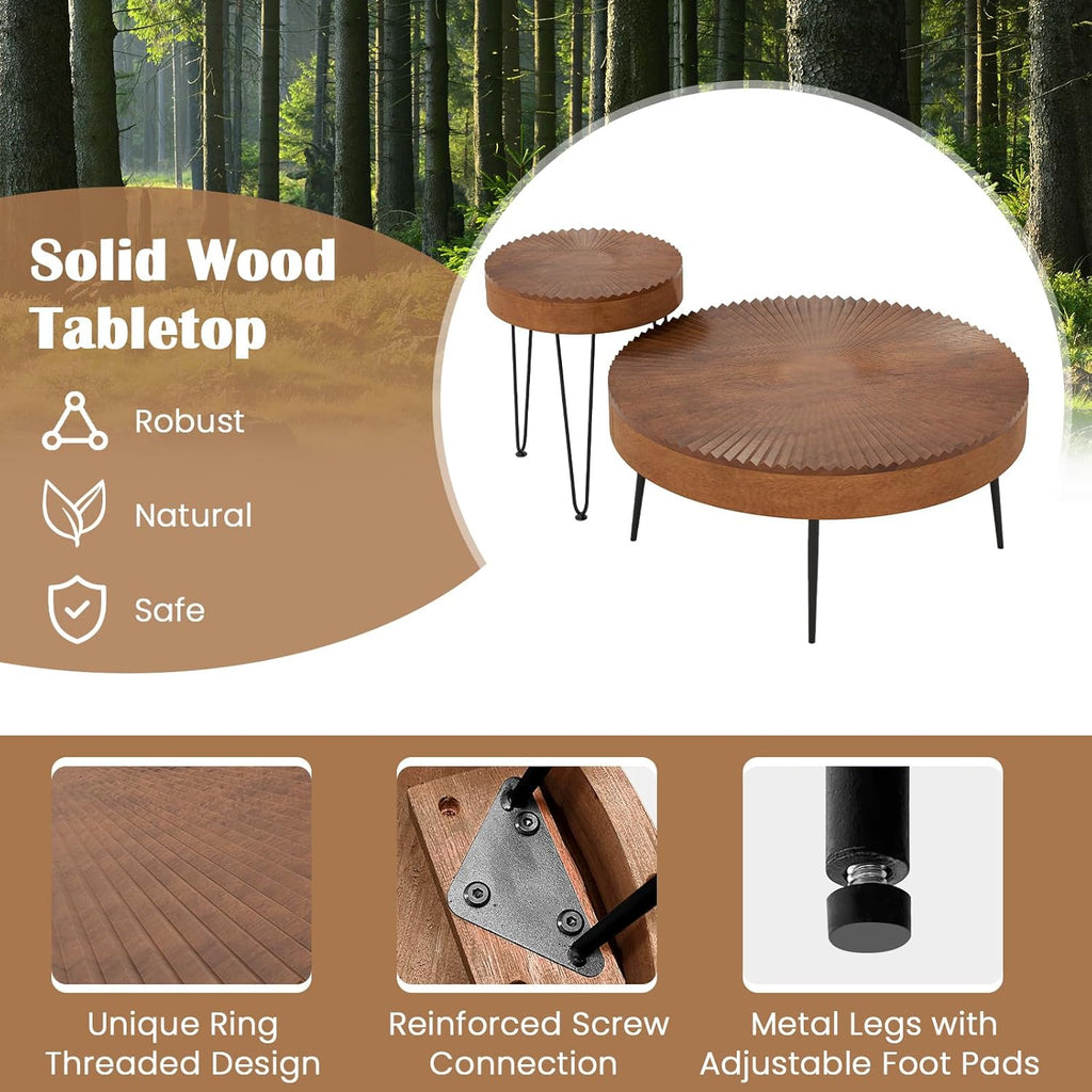 COSTWAY Farmhouse Round Coffee Table Set of 2, Rustic Sofa Side Tea Tables w/Wood Finish, Metal Frame, Adjustable Foot Pads, Nesting End Table Set for Living Room, Bedroom (Radial Pattern, Brown)