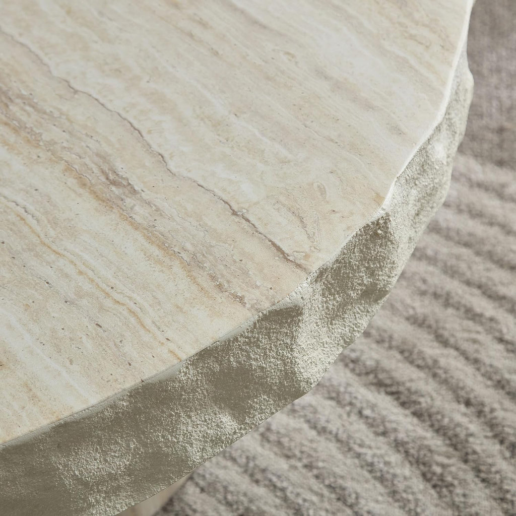 Round Coffee Table, 31.69' Fiberglass Faux Marble Pattern Imitation Stone Table Cement Center Table for Living Room Apartment
