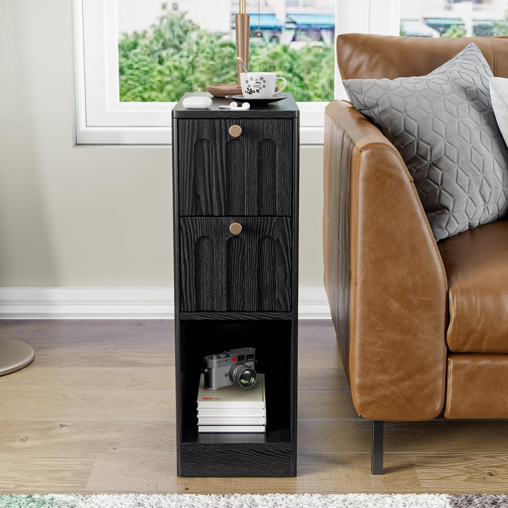 Black Small Nightstand Set of 2, Narrow Bedside Table with Arched Drawer, Wood Nightstand, Skinny Side End Table, Mid Century Modern Night Stand for Bedroom, Small Spaces, Slim, Boho